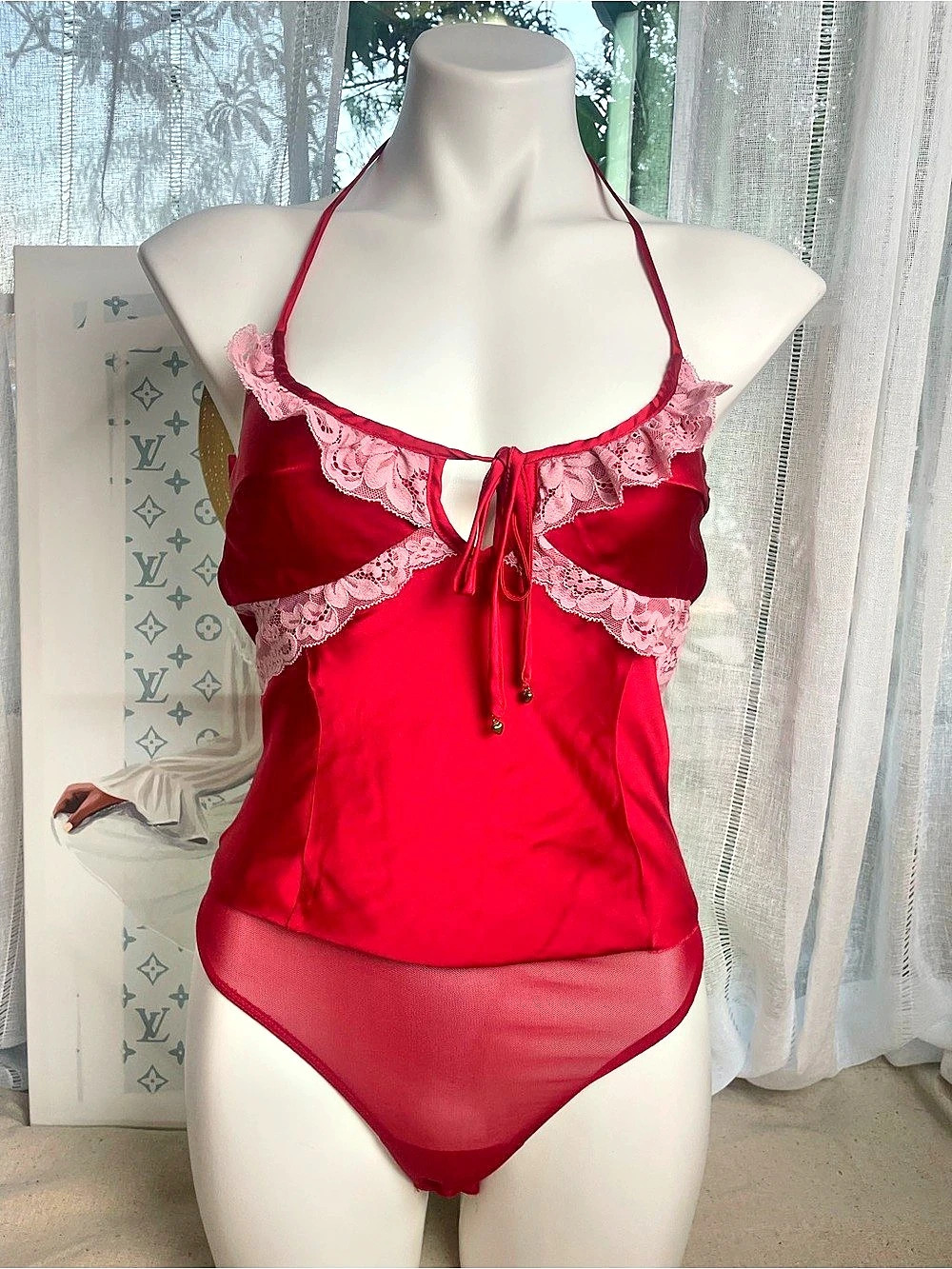 Free People Red Lace Trim Bodysuit Size XS NWT